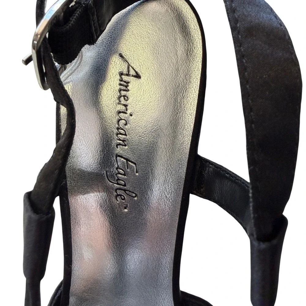 American Eagle Black Satin Bow Heel Sandals Coquette Feminine‎ Prom Event Size 8
